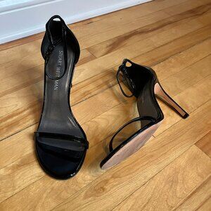 Stuart Weitzman Nudist black patent leather sandal, size 9M
